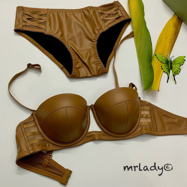 FAUX LEATHER HALF CUP BRA SET